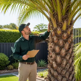 Arborist inspecting a palm tree for health in Blairgowrie