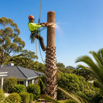Tall palm tree being carefully removed in a residential Mount Eliza garden