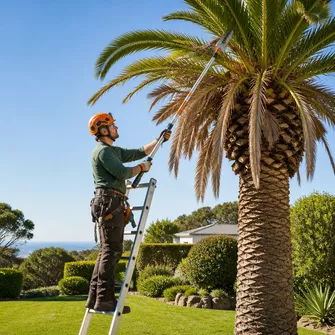 Palm frond removal from a mature palm tree in Mount Eliza