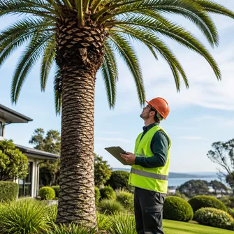 Arborist inspecting a large palm tree in Mount Eliza for health and safety