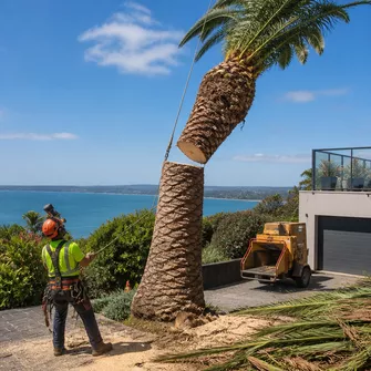 Cleaning up debris after a palm tree removal job