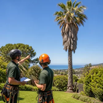 Team of arborists assessing a palm tree for removal