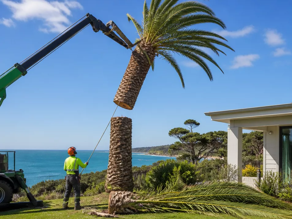 Professional arborist carefully removing a tall palm tree in Portsea, Victoria, with safety equipment.