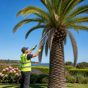 Palm tree pruning to remove dead fronds in Rosebud