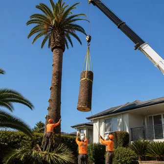 Large palm tree being carefully removed near a building in Rosebud