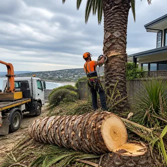 Arborist inspecting a palm tree for health assessment in Rosebud
