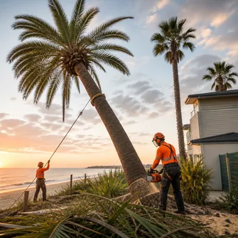 Team of arborists using safety equipment to dismantle a tall palm tree piece by piece in Safety Beach