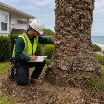 Professional arborist inspecting a large palm tree before removal, assessing its health and structure in Safety Beach