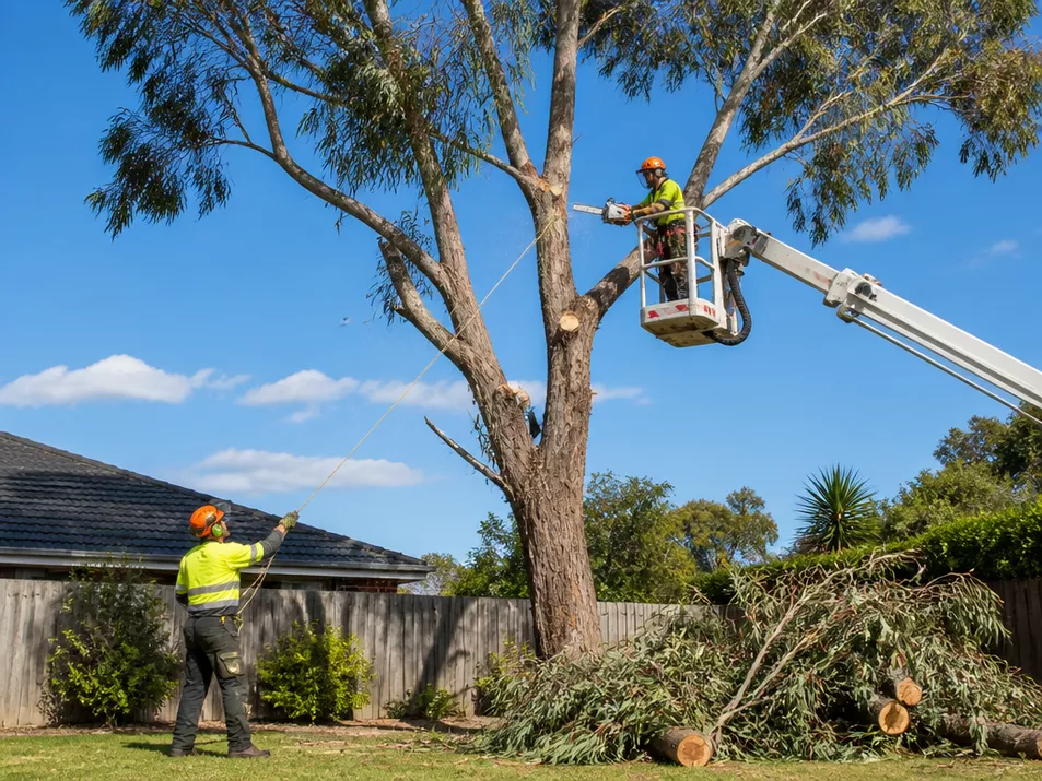 Professional tree removal team safely cutting down a large tree in Baxter, Victoria.