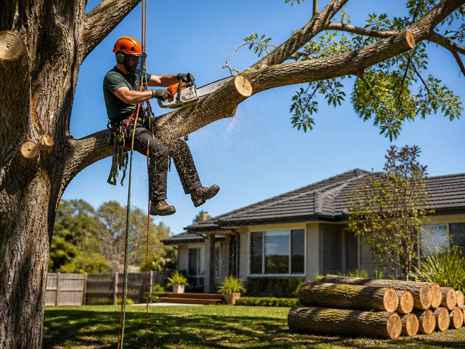 Professional tree removalist safely cutting a large tree in Somerville